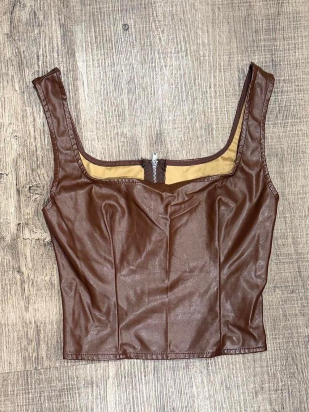 SHEIN Brown Faux Leather Corset Top | Square Neck Zip-Back Crop